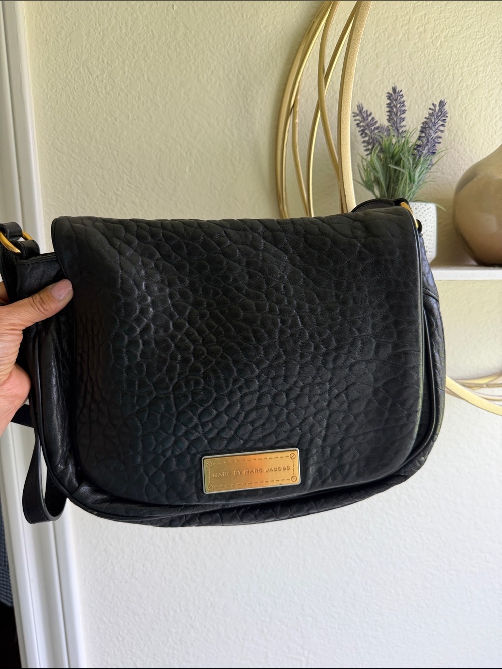 Marc by Marc Jacobs Black Pebbled Leather Flap Crossbody with Gold Logo Plaque